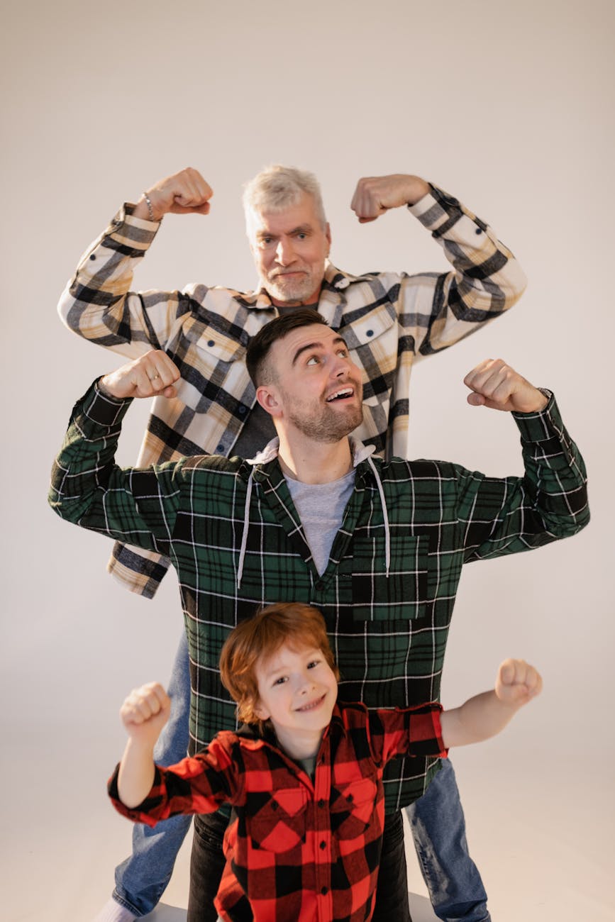 a family showing off their muscles