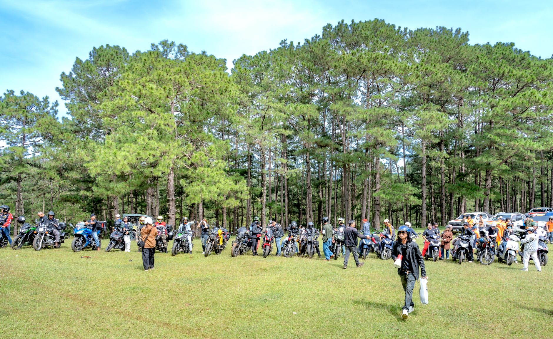 outdoor motorcycle gathering in pine forest
